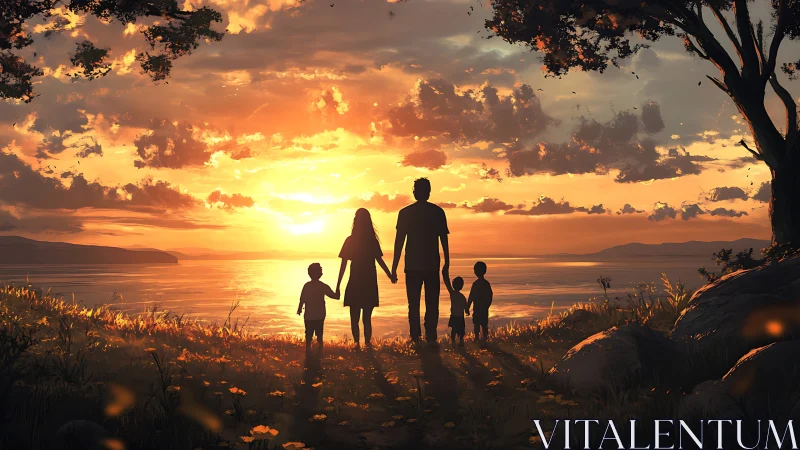 Family enjoying a golden sunset by the peaceful lakeshore.