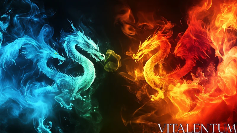 Opposed elemental dragon forms in blue flame and red fire.