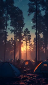 Nocturnal Forest Encampment: Illuminated Geodesic Dome Tents Under Starlit Canopy