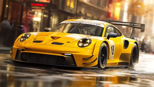 Yellow GT race car accelerates on wet city street with dynamic reflections