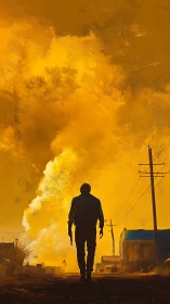 Backlit gunslinger against volumetric explosion plume field.