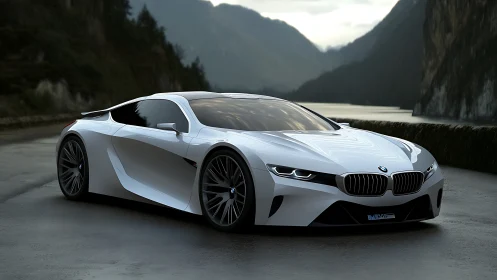 Futuristic white BMW concept coupe on wet mountain highway.