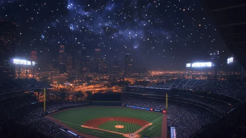 Starlit city baseball stadium glows under a dreamy night sky