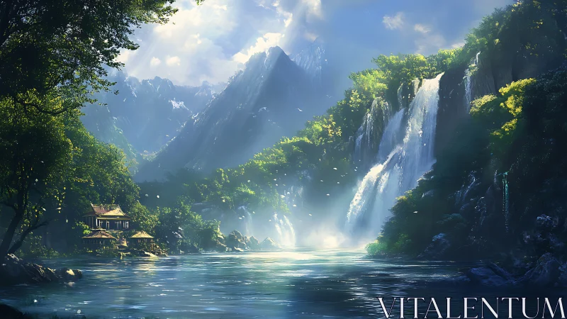 High-dynamic range waterfall valley with atmospheric depth rendering