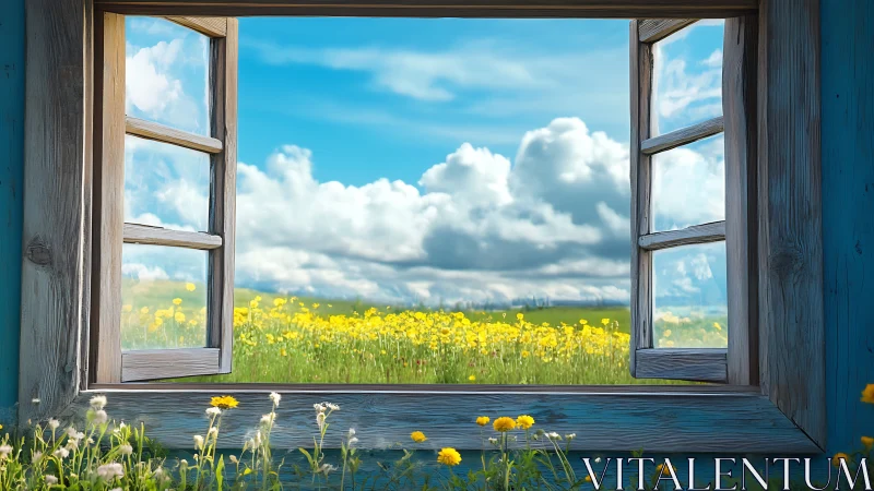 Weathered wooden window opens onto vivid dandelion meadow