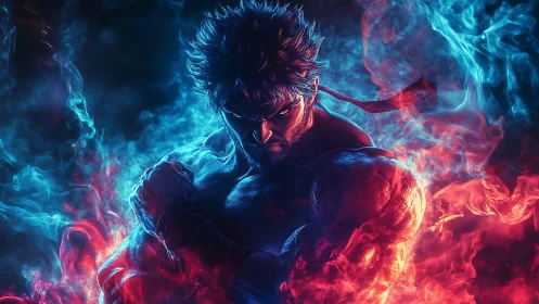 Fiery anime warrior ignites in dramatic blue and red energy