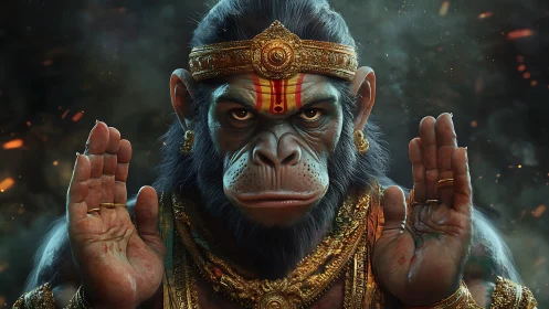 Divine simian warrior raises blessing hands in embers