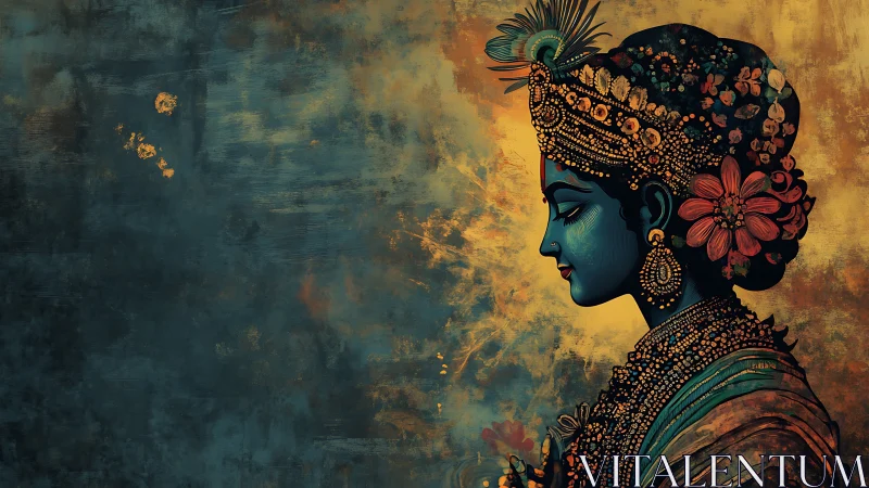 Profile portrait of ornate blue deity rendered in textured digital pigments