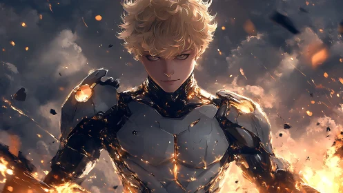 Armored blond figure stands amid sparks and dense smoke