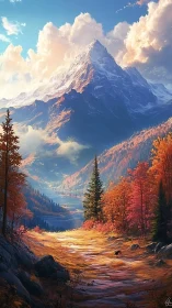 Mountain valley landscape shows autumn forest and distant lake