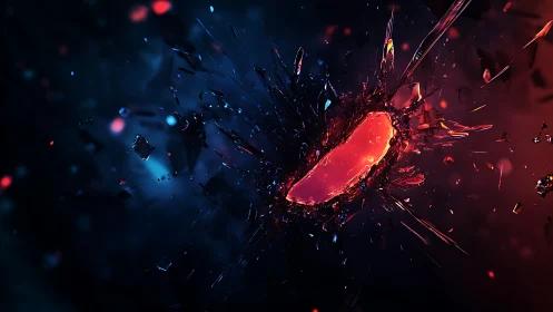 Fragmented glowing core amid dark abstract shards.