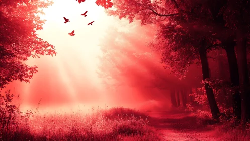 Red-toned forest path is illuminated by directional sunlight