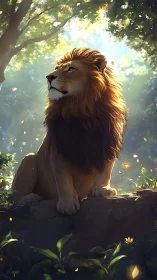 Majestic lion commands sunlit forest vantage point
