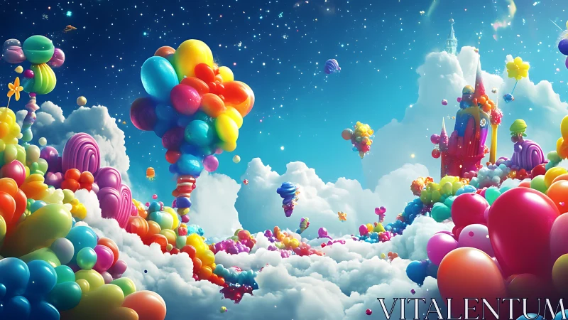 Dreamy balloon kingdoms drifting across candy clouds.