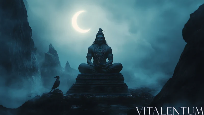 Moonlit mountain silence crowns the meditating stone deity