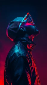 Neon lit profile of man in visor and leather jacket.