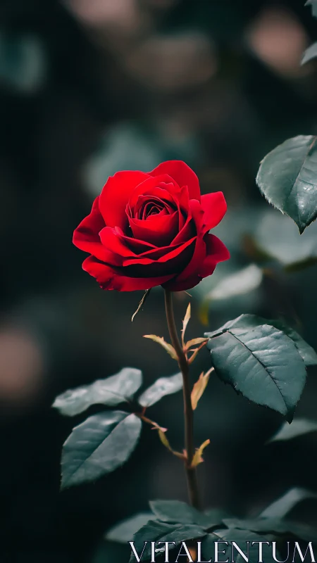 Red rose bloom with green foliage in natural garden setting.