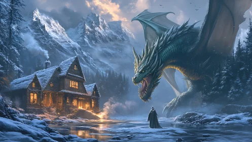 Ice dragon confronts lone traveler near burning mountain lodge