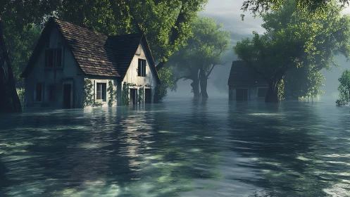 Quiet riverside cottages drifting in soft blue floodlight.