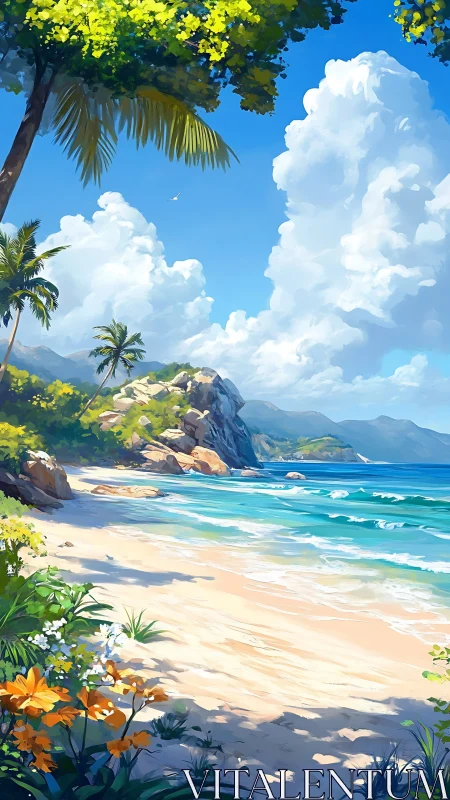 Tropical Coastal Landscape with Emerald Waters and Cumulus Cloud Formation.