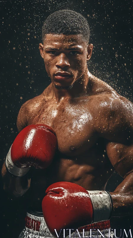 Professional Boxer in Red Gloves with Intense Focus and Dramatic Water Effect