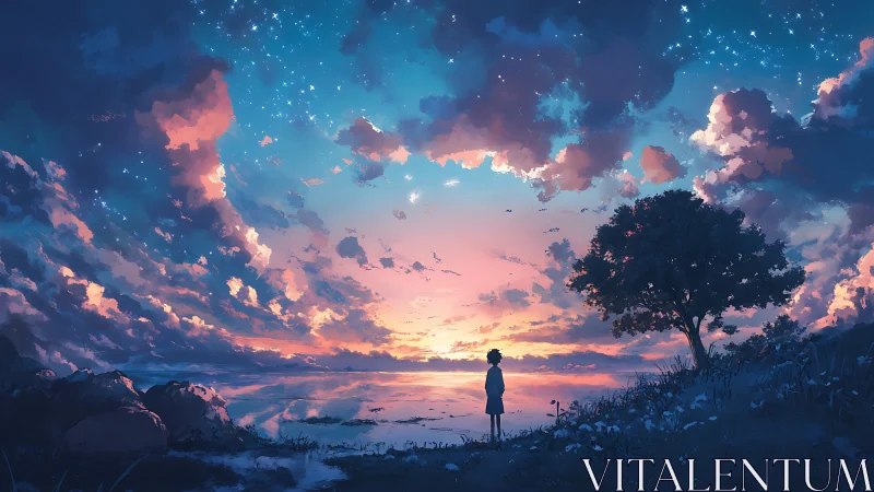 Celestial gradient skyscape with solitary shoreline observer.