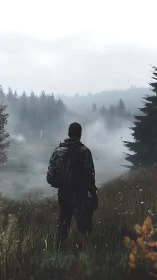 Quiet wanderer pauses in misty forest valley to breathe deeply
