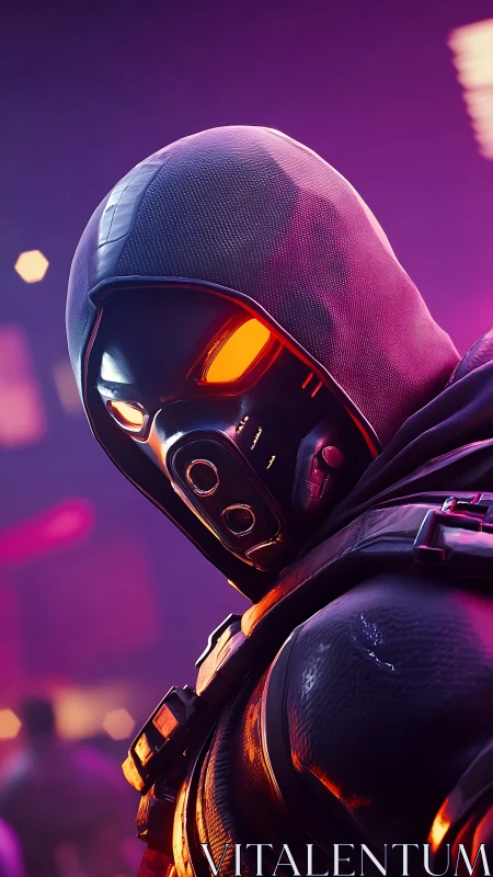 Neon vigilante studies the crowd through molten orange optics