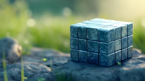 Metallic cube puzzle on stone in soft green landscape.