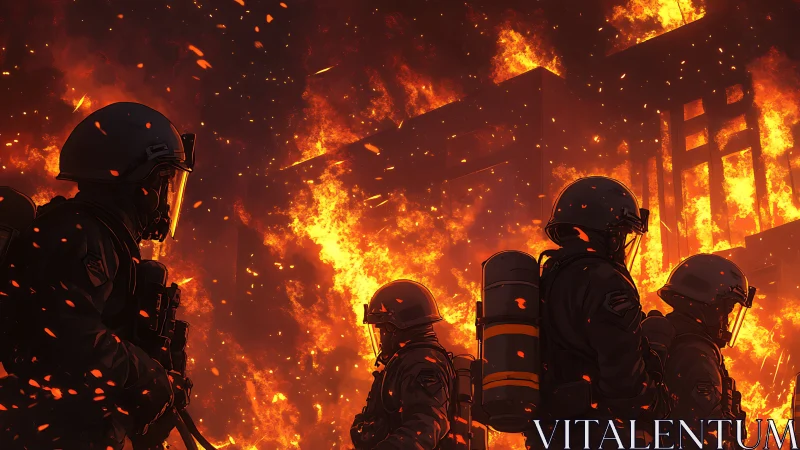 Firefighters battle intense inferno at burning building structure.