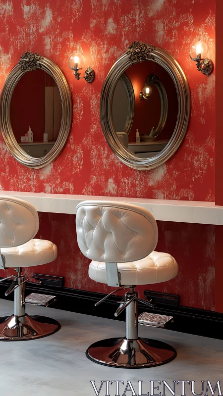 Two white salon chairs face oval mirrors on red wall