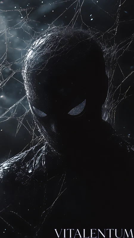 Shadowed webbed guardian with glowing eyes in the dark.