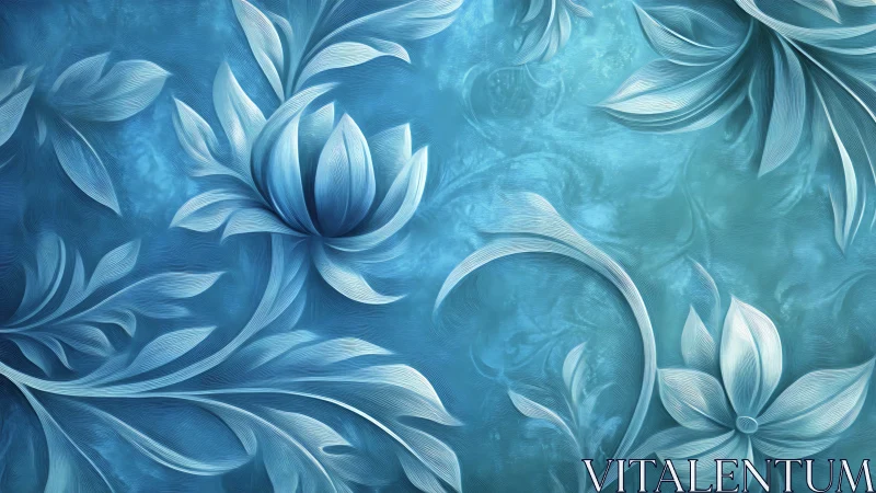 Iridescent blue florals curling across textured canvas.