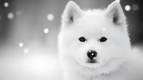 White dog portrait in monochrome snowy outdoor setting.