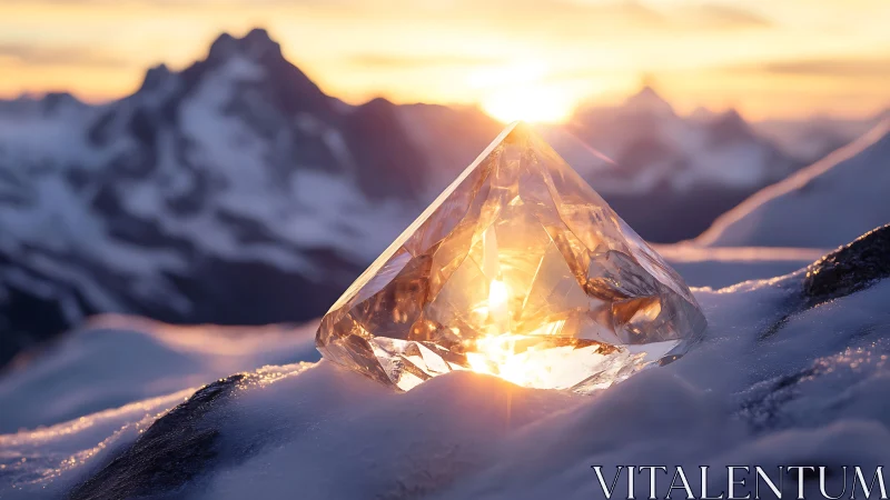 Transparent crystal pyramid on snow in alpine sunset light.