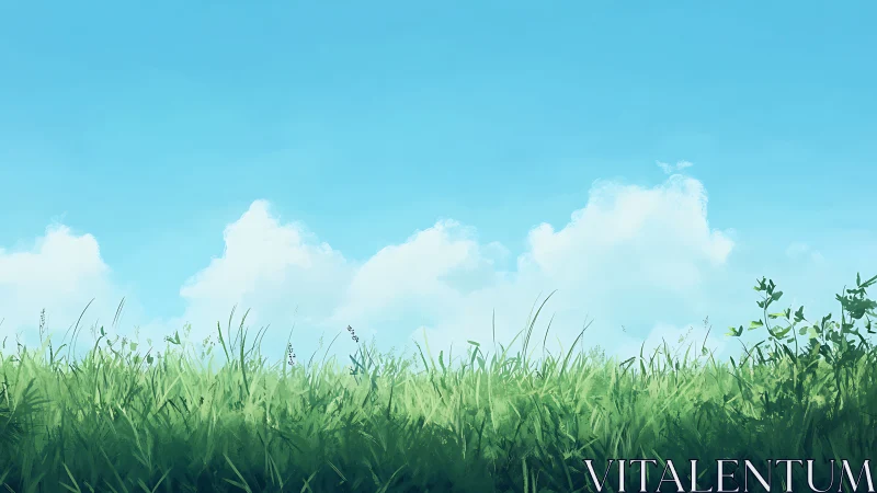 Sunlit meadow horizon beneath calm watercolor sky.