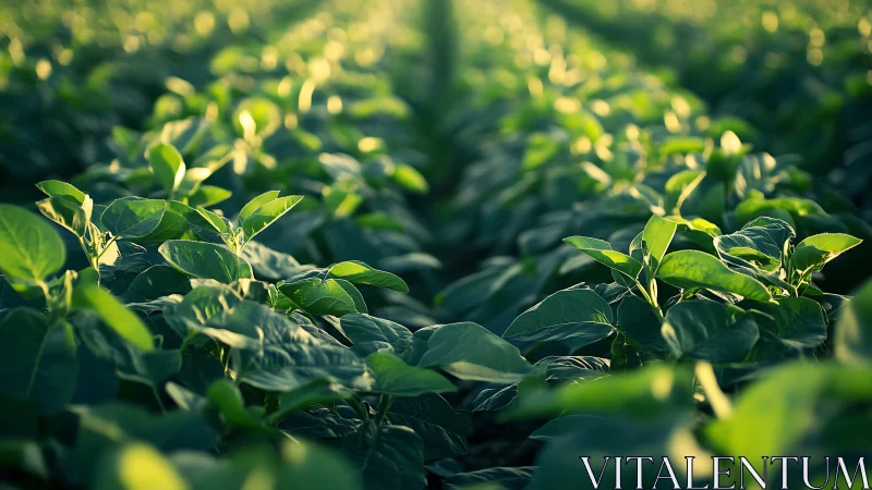 Close view of green crop field under low angled sunlight.