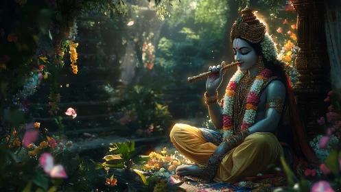 Divine blue figure plays flute in a luminous forest sanctuary
