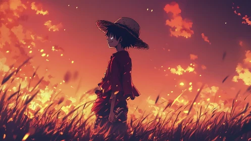 Sunlit wanderer in straw hat within glowing sunset field.
