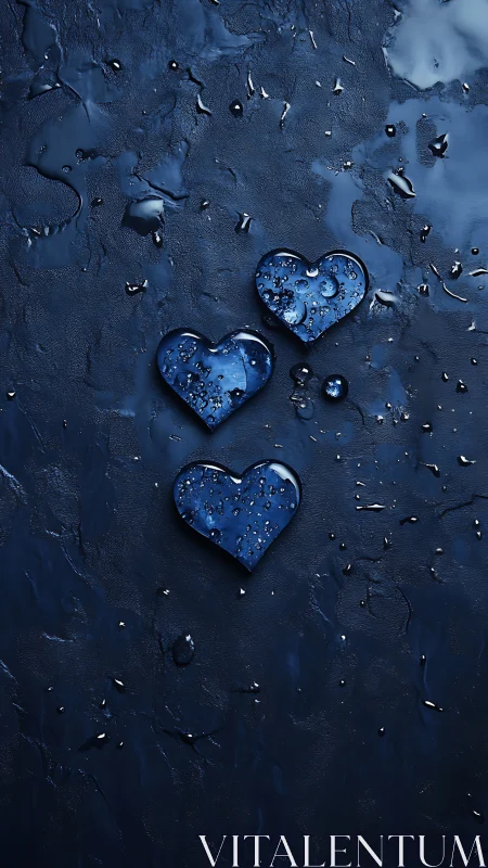 Three blue heart shapes with water droplets on dark textured surface