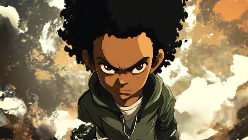 Defiant boy glares upward against stormy painted sky.