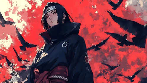 Stoic anime warrior stands amid crows in a crimson sky