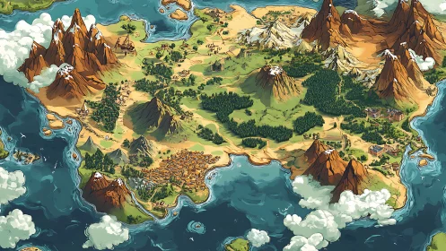 Fantasy island world map shows mountains, forests, towns