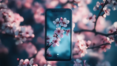 Cherry Blossom Bokeh: Digital Wallpaper Design with Notch Smartphone.