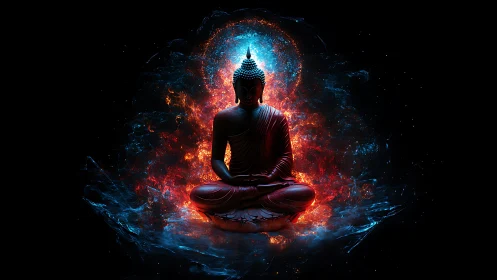 Meditating Buddha glows amid swirling blue and red energy halo