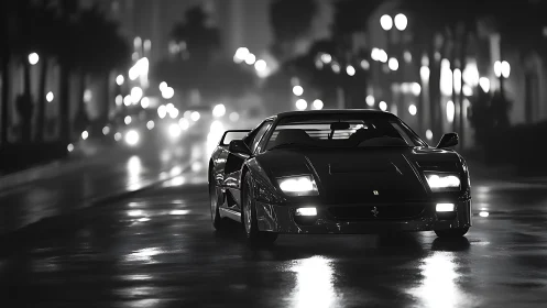 Sports car on wet city street at night in monochrome view.