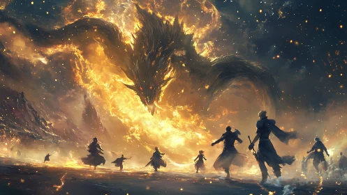 Fiery dragon confronts armed figures on a frozen battlefield