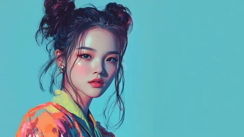 Digital portrait of young woman with double buns hairstyle