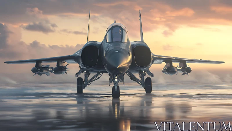Twin‑engine jet fighter faces forward on wet runway at dawn