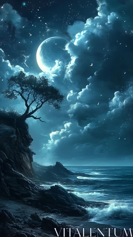 Moonlit ocean cliff under dramatic storm clouds at night.